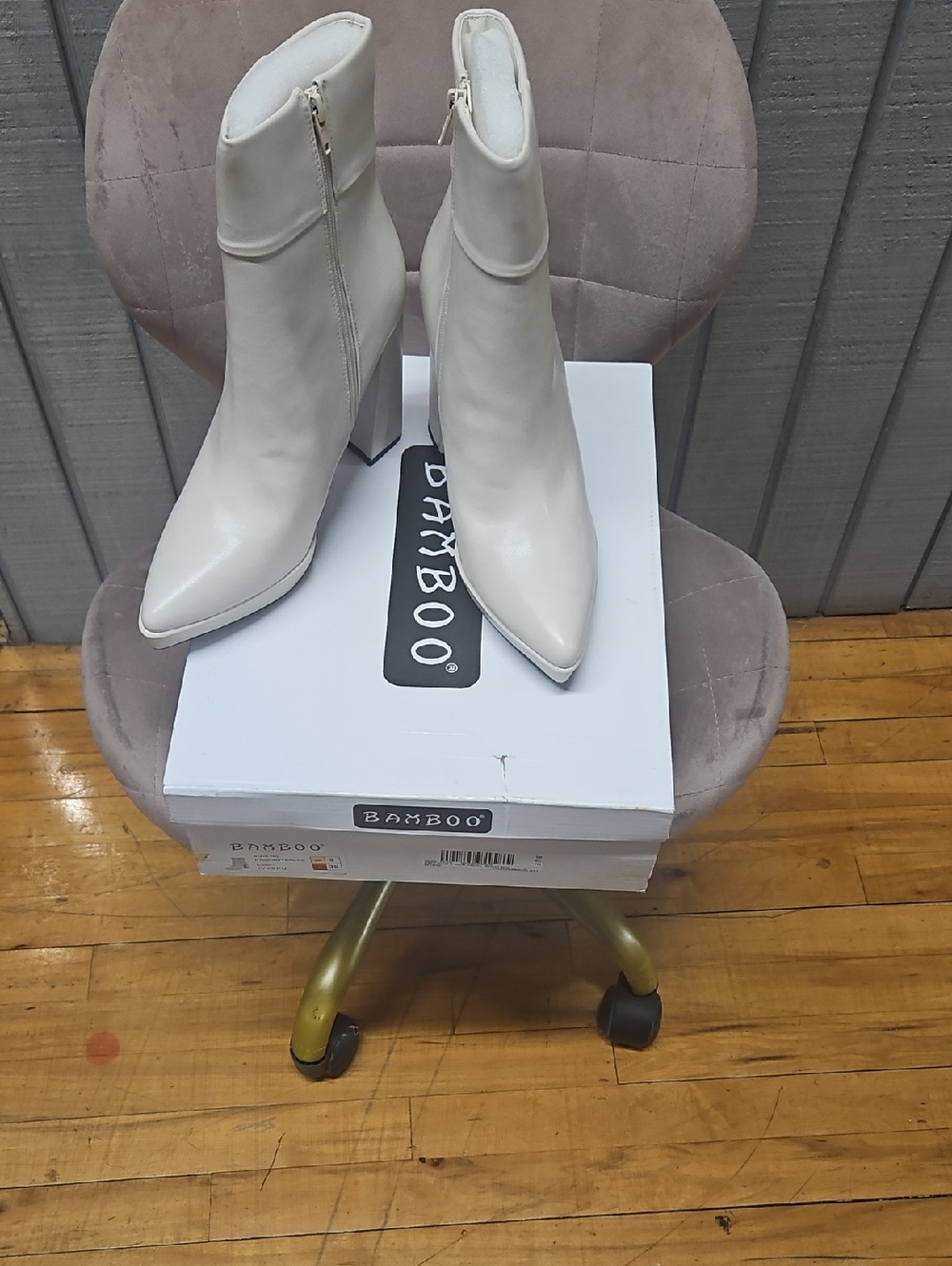 BAMBOO Off-White Pointed Toe Ankle Booties with Block Heel